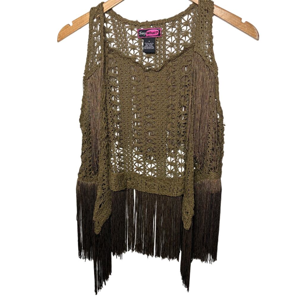 VTG Y2K Vest Say What Crochet Fringed Hippie Country Cowgirl Boho Tan Brown M